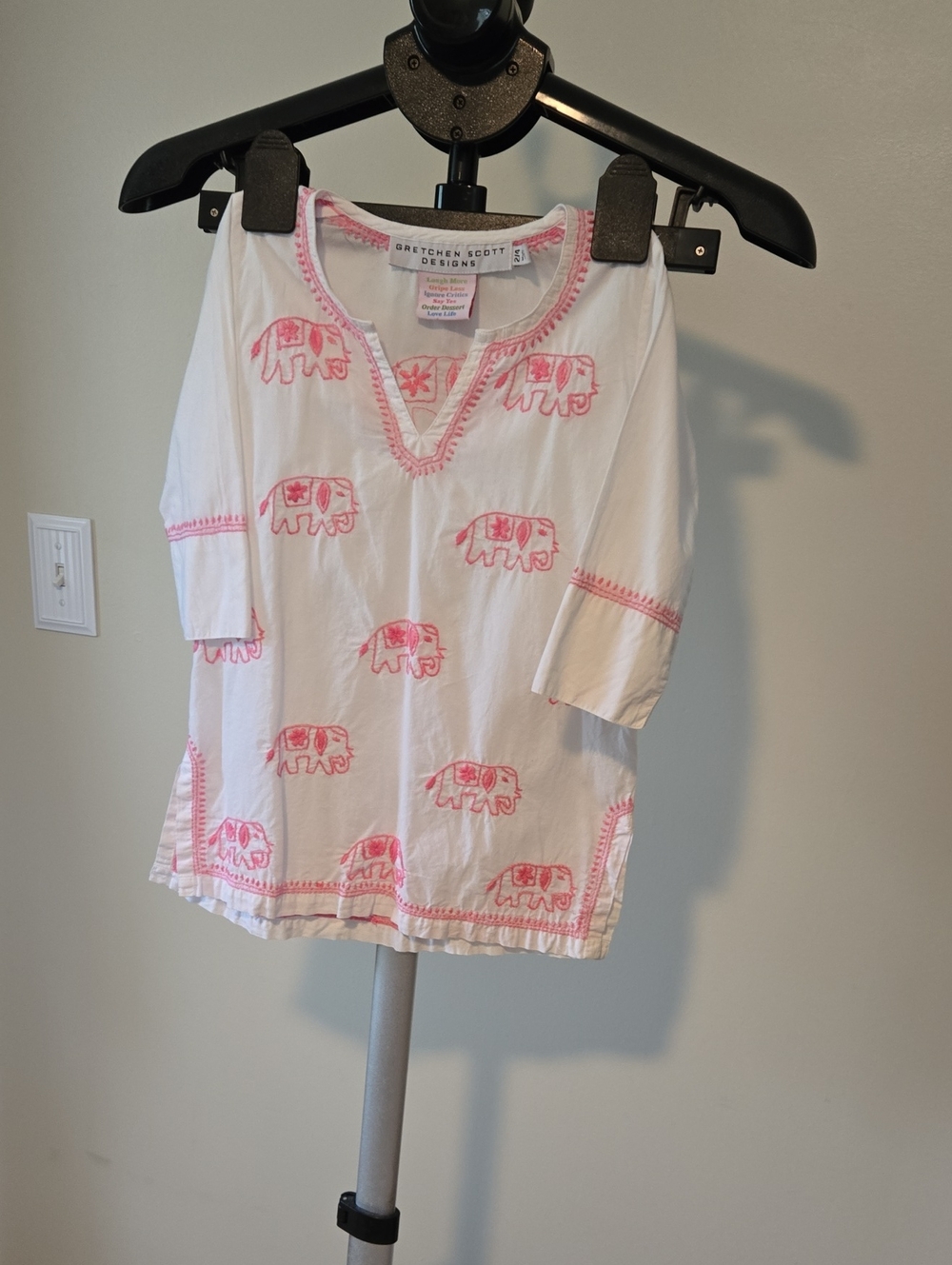 Gretchen Scott Designs White Tunic with Pink Elephant Motif